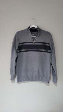 Eddie Bauer Men's 1/4 Zip Striped Cotton Sweater Grey